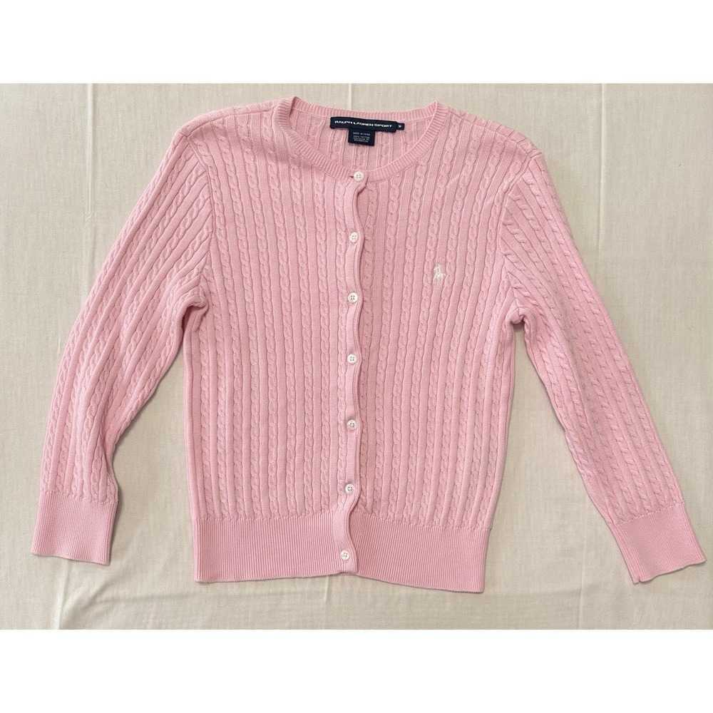 Ralph Lauren Sport Pink Cable Knit Cardigan Button Front Sweater Medium Classic - Picture 2 of 5